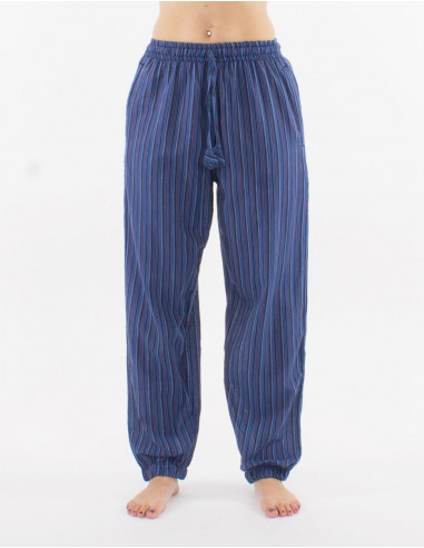 Mixed striped cotton trousers with 2 pockets elastic belt