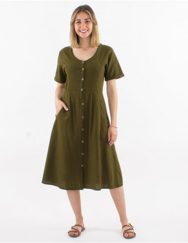 Cotton sw buttoned dress with short sleeves