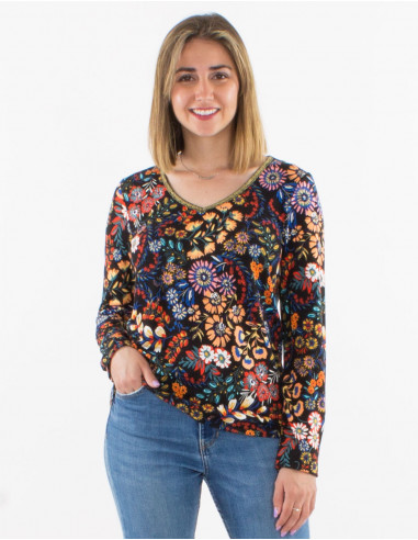 Chemisier maille 95% polyester 5% élasthanne col V imprimé Peace