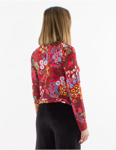 Chemisier maille 95% polyester 5% élasthanne col V imprimé Peace