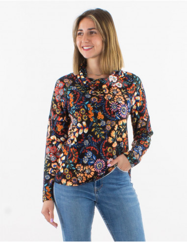 Chemisier maille 95% polyester 5% élasthanne col roulé imprimé Peace