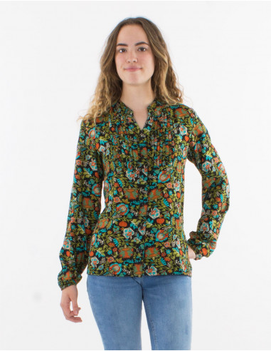 Blouse polyester buttoned and printed with long sleeves