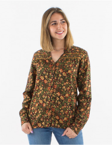 Blouse polyester buttoned with long sleeves and golden print