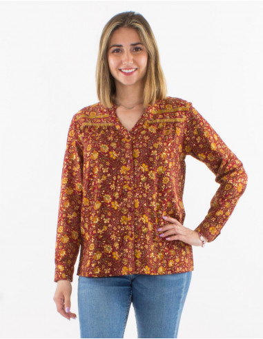 Chemisier polyester boutonné manches longues imprimé doré