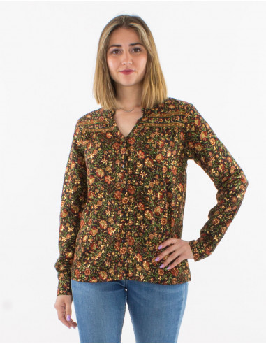 Blouse polyester buttoned with long sleeves and golden print