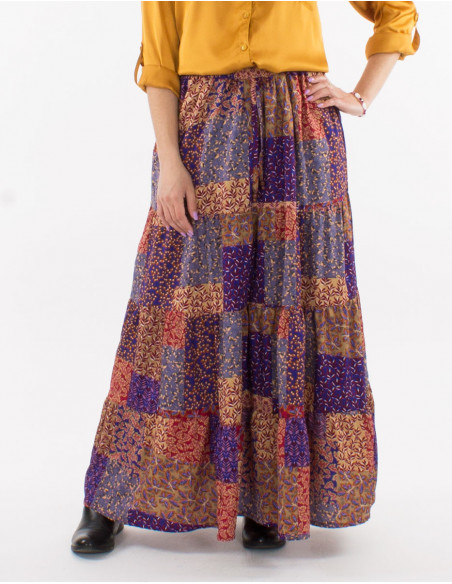 Jupe longue polyester à volants imprimé pacth