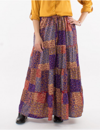 Jupe longue polyester à volants imprimé pacth