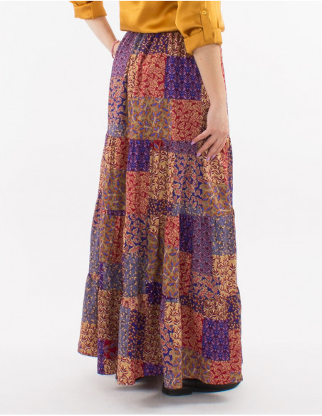 Jupe longue polyester à volants imprimé pacth