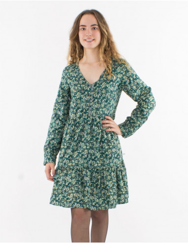 Golden print polyester dress with lining and long sleeves