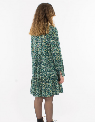Golden print polyester dress with lining and long sleeves