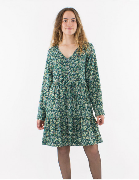 Golden print polyester dress with lining and long sleeves