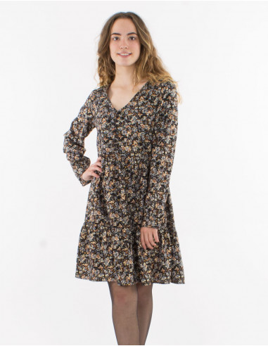 Golden print polyester dress with lining and long sleeves