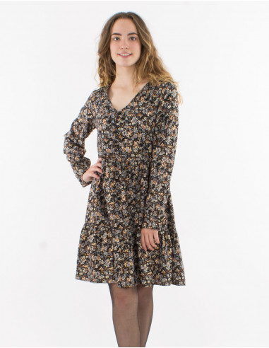 Robe polyester doublée manches longues imprimé doré