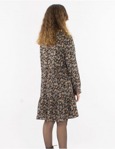 Golden print polyester dress with lining and long sleeves