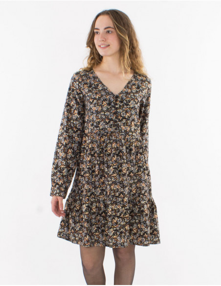 Golden print polyester dress with lining and long sleeves