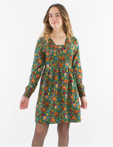 Polyester dress printed with lining and long sleeves