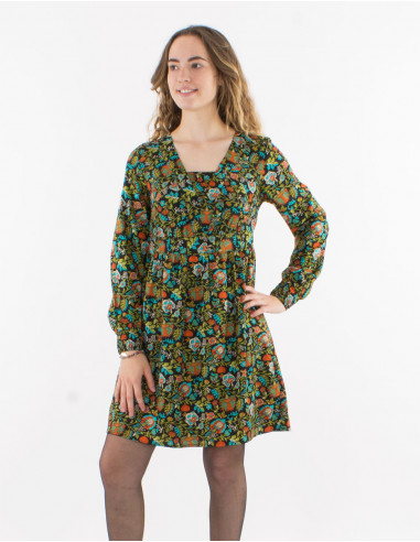 Polyester dress printed with lining and long sleeves