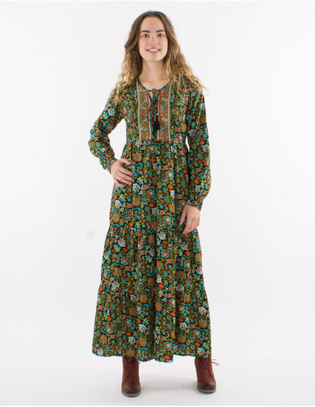 Polyester long dress printed with lining and long sleeves