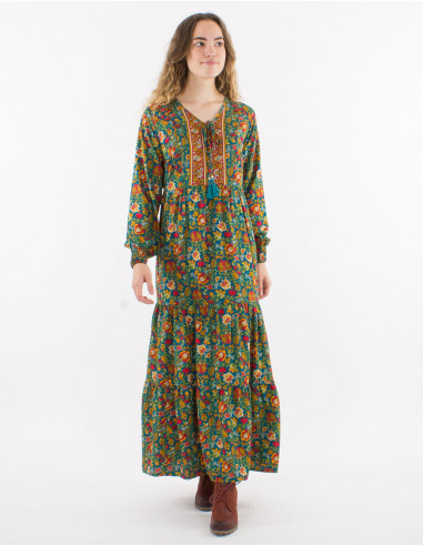 Polyester long dress printed with lining and long sleeves