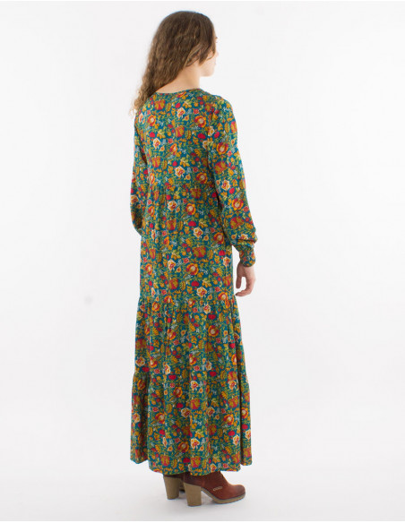 Polyester long dress printed with lining and long sleeves