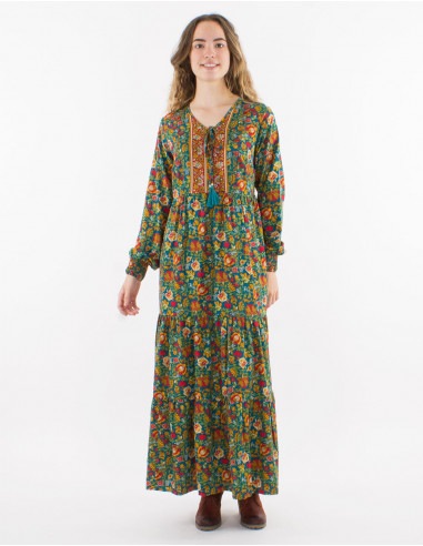 Polyester long dress printed with lining and long sleeves