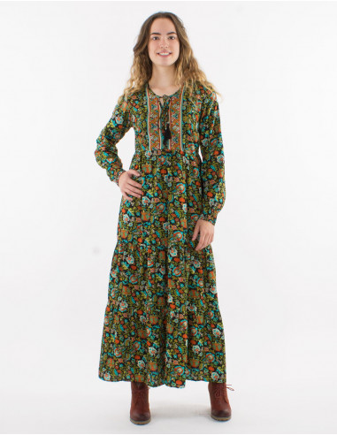 Polyester long dress printed with lining and long sleeves