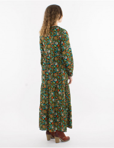 Polyester long dress printed with lining and long sleeves