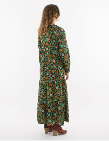 Polyester long dress printed with lining and long sleeves