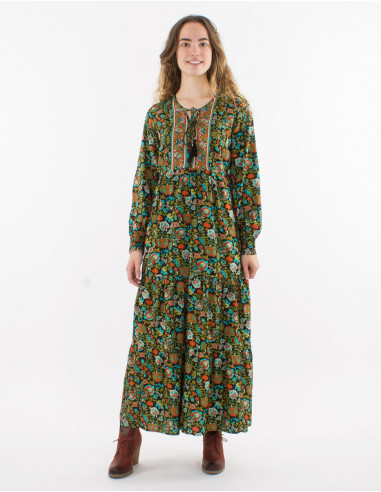 Polyester long dress printed with lining and long sleeves