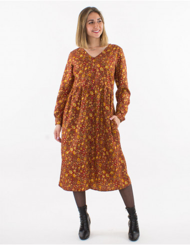 Polyester long dress with long sleeves and golden print