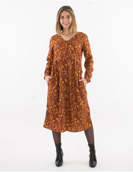 Polyester long dress with long sleeves and golden print