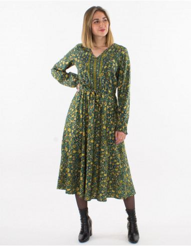 Polyester long dress with long sleeves and golden print