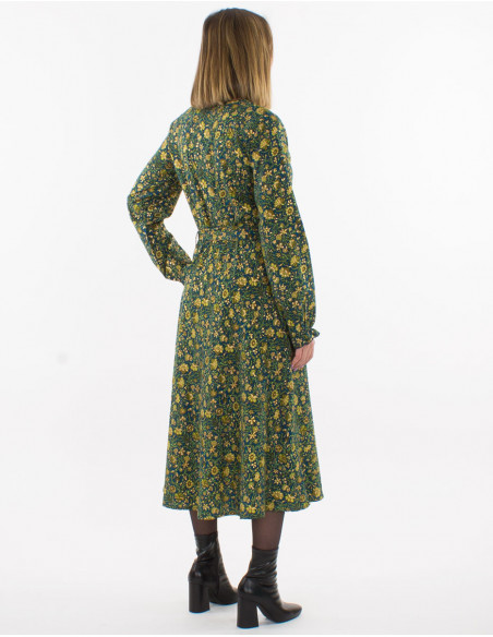 Polyester long dress with long sleeves and golden print