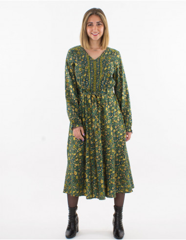 Polyester long dress with long sleeves and golden print