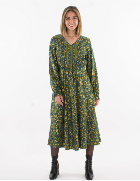 Polyester long dress with long sleeves and golden print