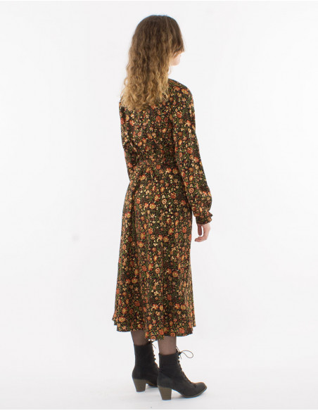 Polyester long dress with long sleeves and golden print