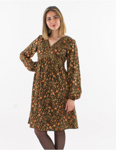 Robe polyester col V manches longues imprimé doré