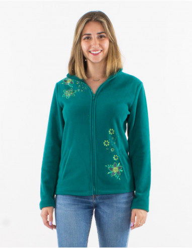 Veste maille polyester polaire col broderie fleurs