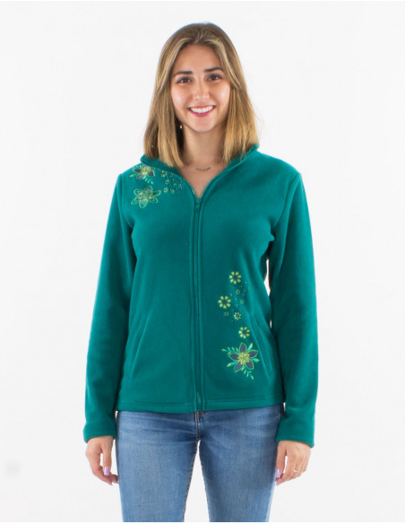 Veste maille polyester polaire col broderie fleurs
