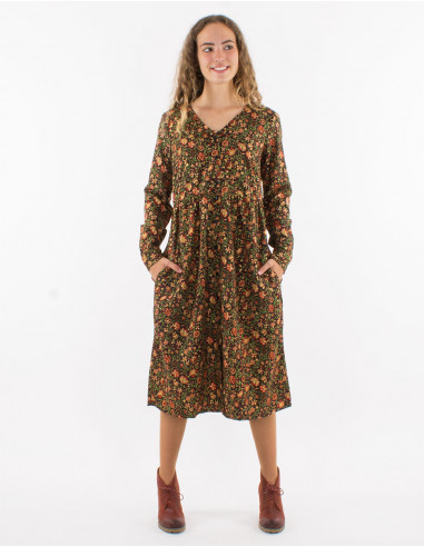 Polyester long dress with long sleeves and golden print