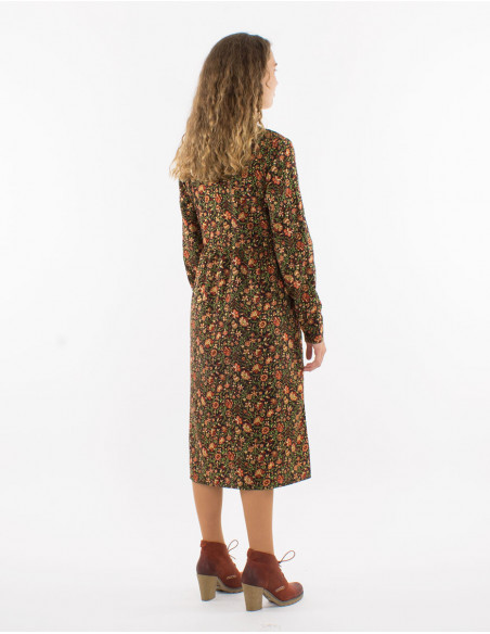 Polyester long dress with long sleeves and golden print