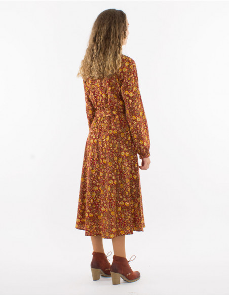 Polyester long dress with long sleeves and golden print