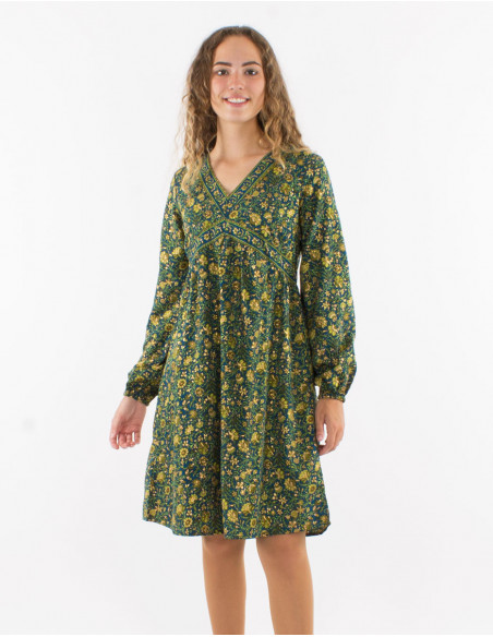 Polyester dress with long sleeves and golden print
