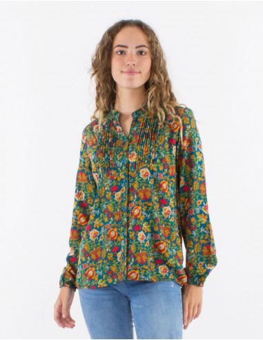 Blouse polyester buttoned and printed with long sleeves
