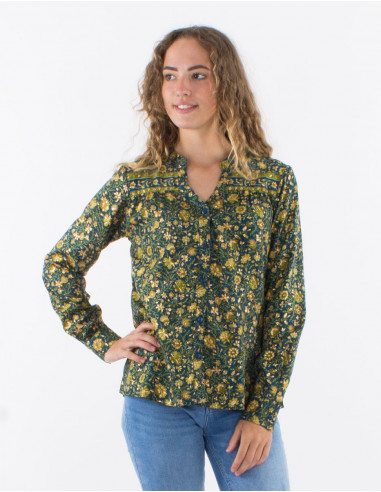Chemisier polyester boutonné manches longues imprimé doré