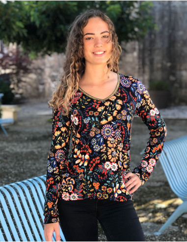 Chemisier maille 95% polyester 5% élasthanne col V imprimé Peace