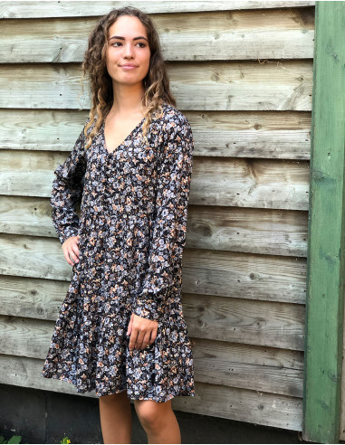 Robe polyester doublée manches longues imprimé doré