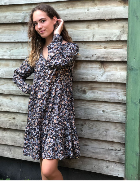 Golden print polyester dress with lining and long sleeves