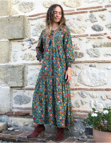 Polyester long dress printed with lining and long sleeves