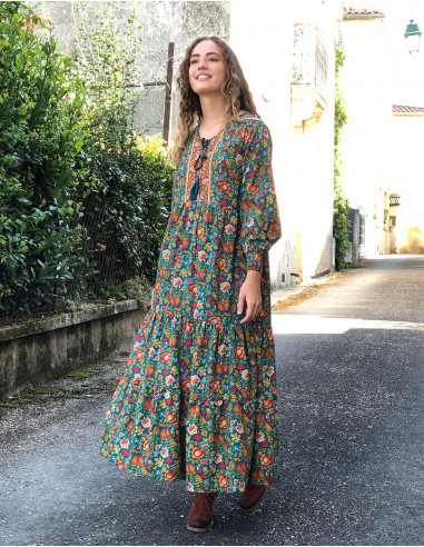 Polyester long dress printed with lining and long sleeves